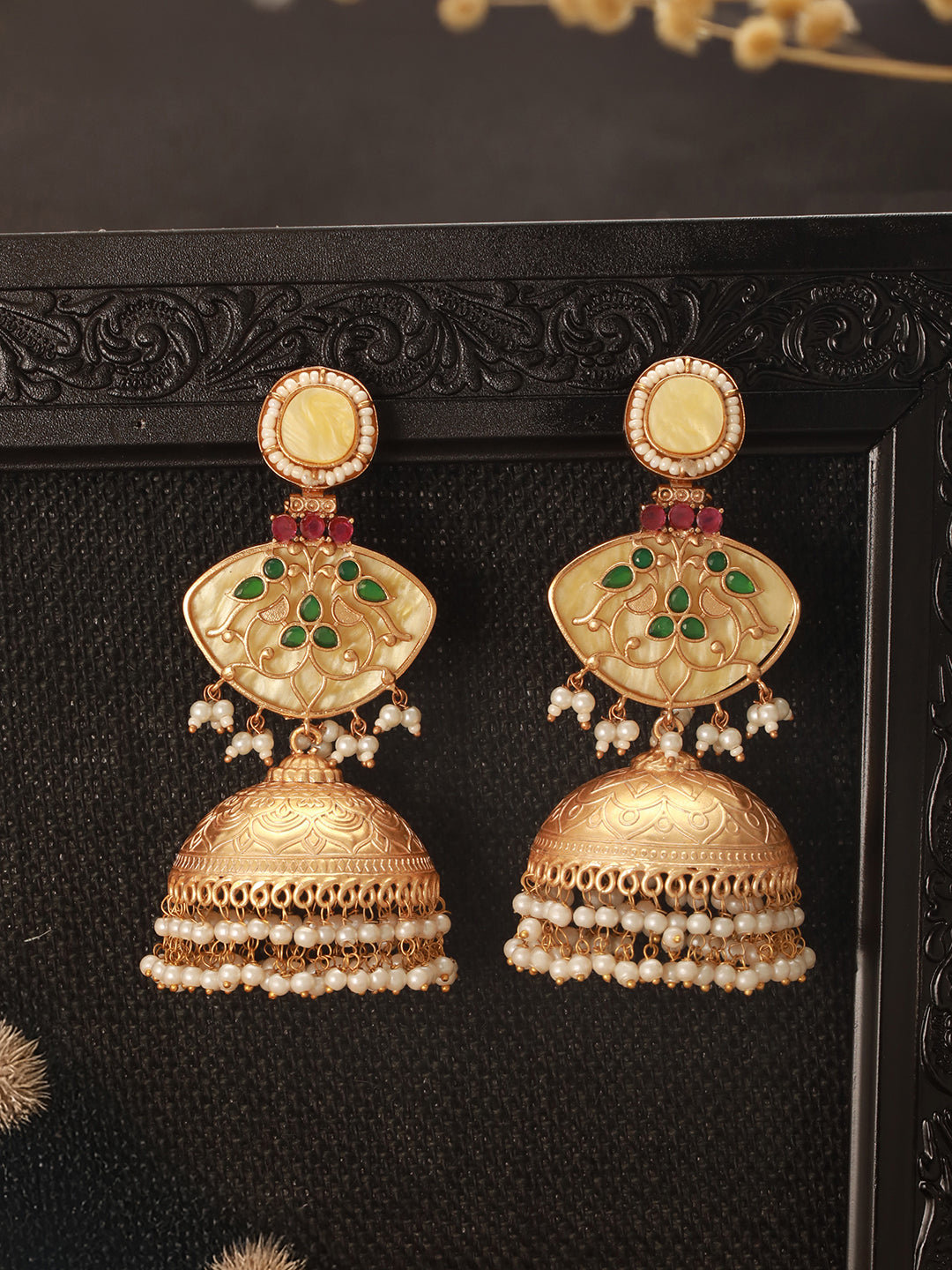 Gold Toned Pearl Beaded Fusion Statement  Lightweight Designer Jhumka Earrings